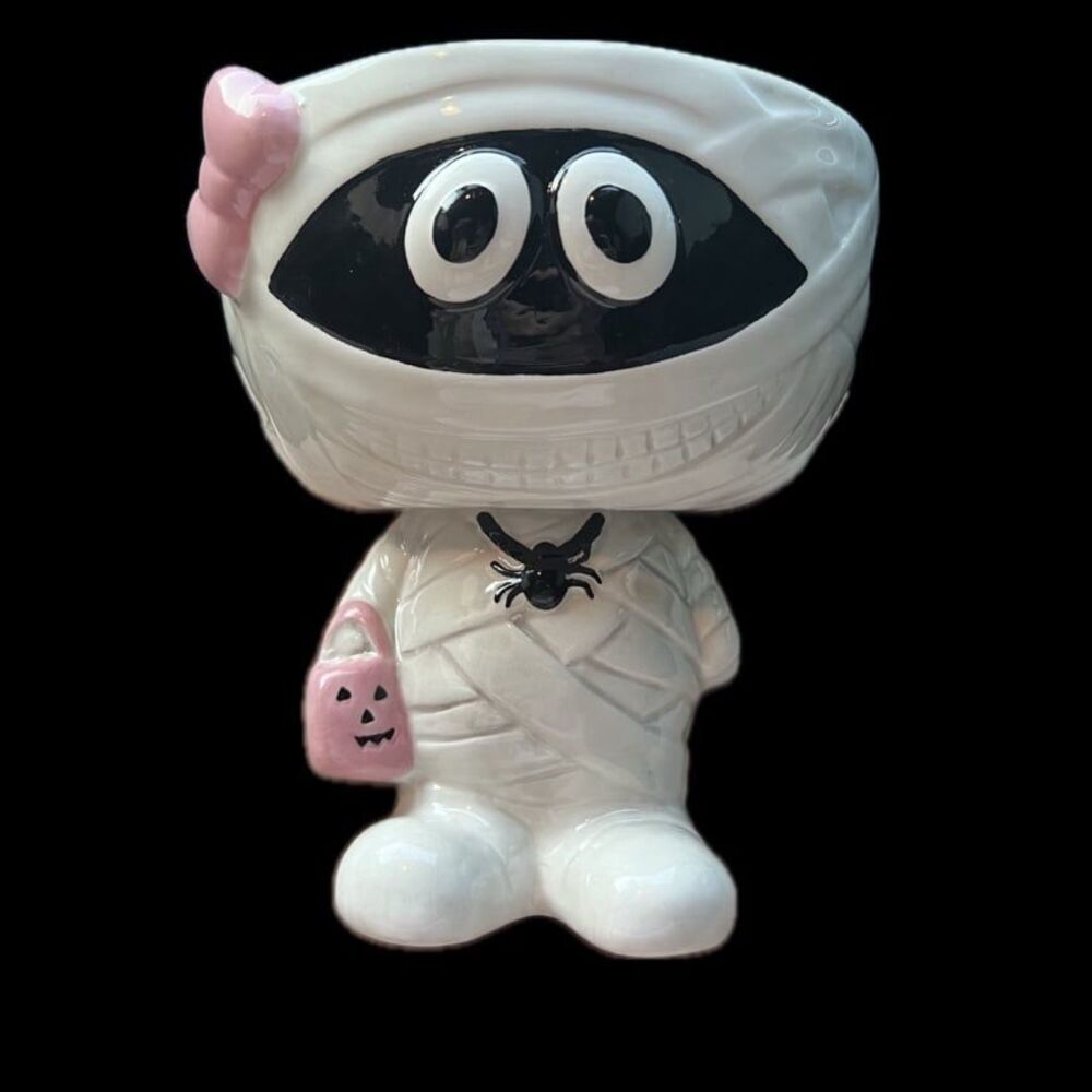 Pink Halloween Girl Mummy with Bow and Jack-o’-Lantern Ceramic Candy Bowl
